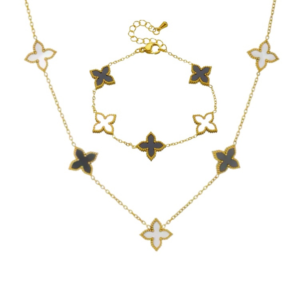 Black and White Clover Necklace and Bracelet Set Stainless Steel